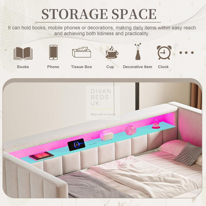 Adalynn Beige Plush Velvet Smart Sofa Bed Daybed with Bluetooth LED Lights, Storage, Shelves, USB & Type C Charging & Trundle