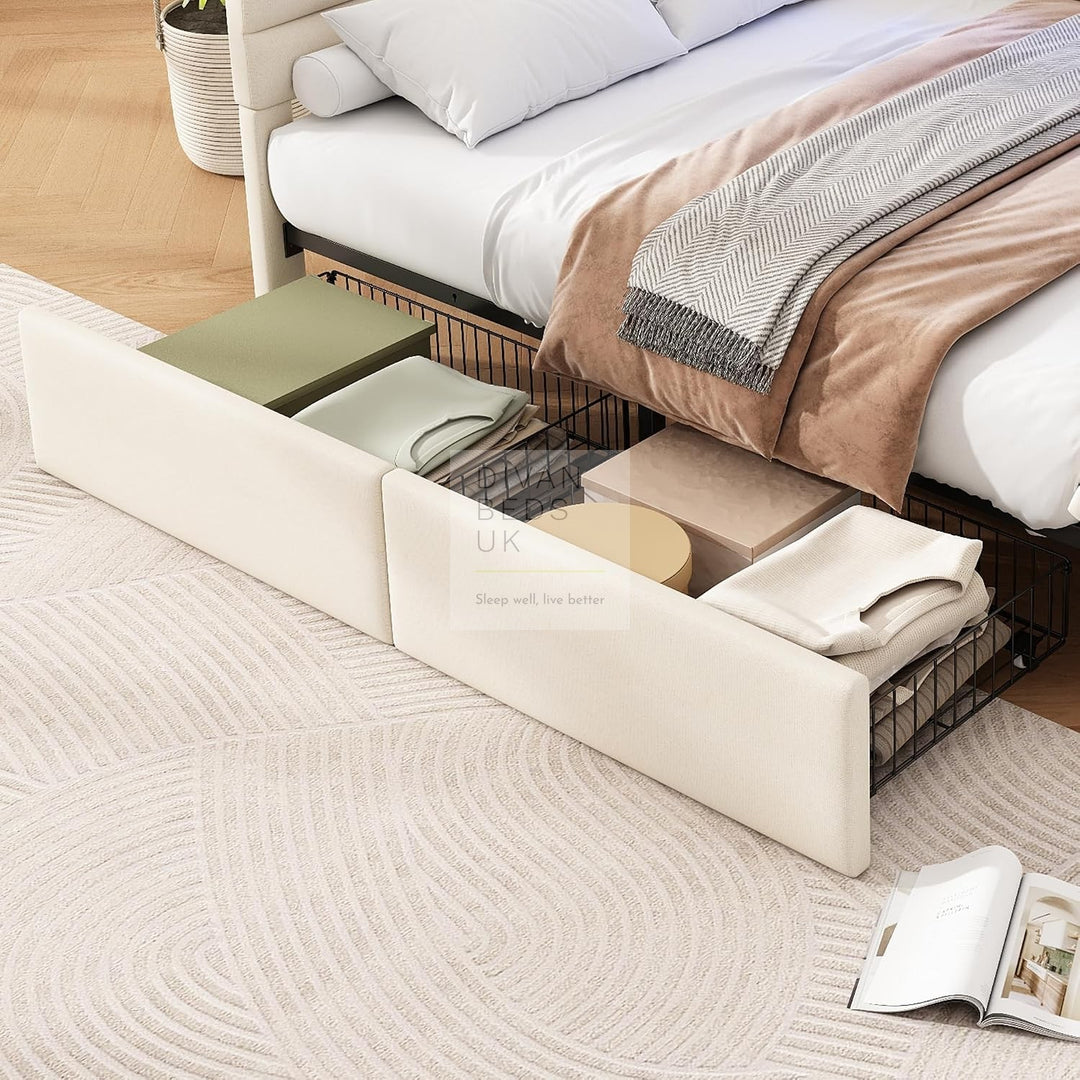 Avayah Beige Linen Smart Daybed Sofa Bed with 2 Drawers, LED Shelves Storage, USB &amp; Type C Charging Station &amp; Storage Box