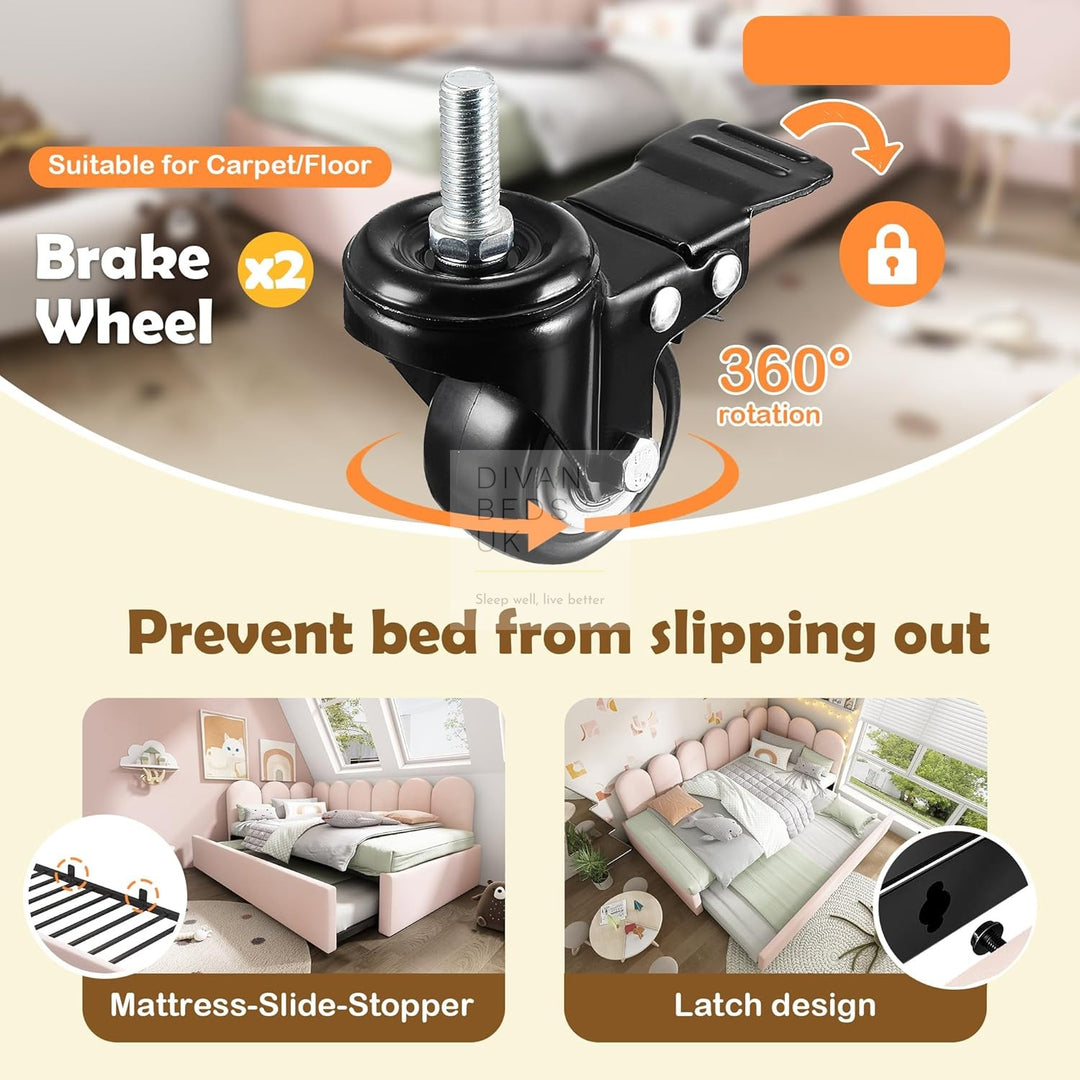 Novara Pink Plush Velvet Convertible Corner 2 Seater Daybed Sofa Bed Couch with Trundle