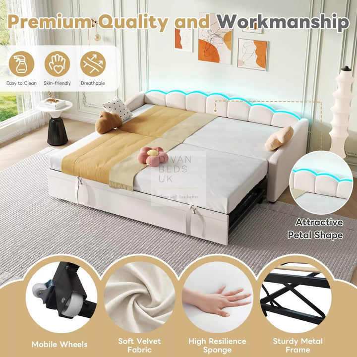 Elina Beige Plush Velvet Trundle Guest Sofa Bed with LED Lighting