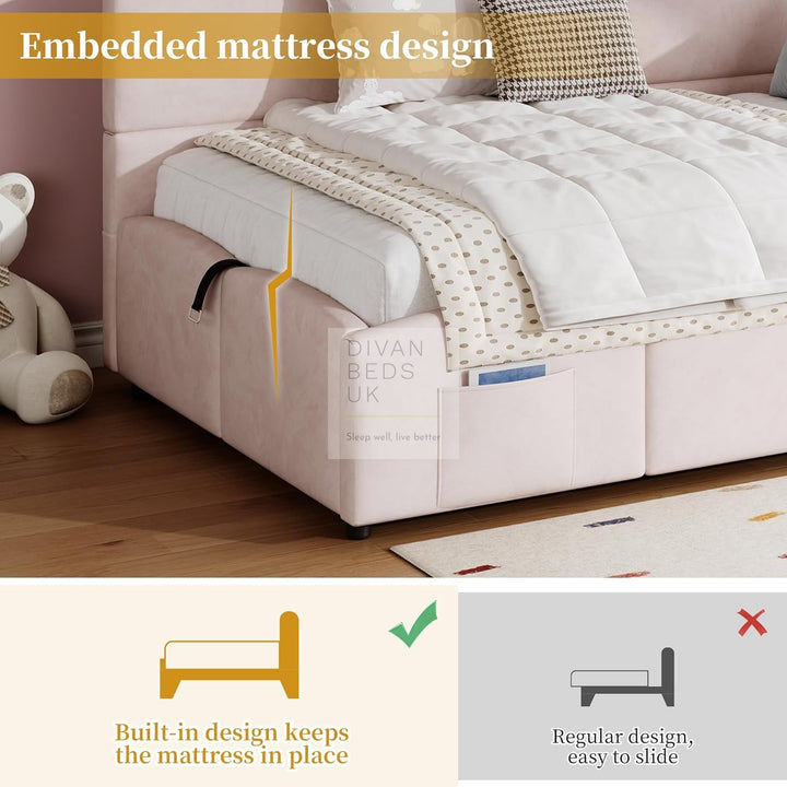 Amaia Pink Plush Velvet Smart Ottoman Storage Daybed Sofa Bed Couch with Charging Station, USB & Type C Ports