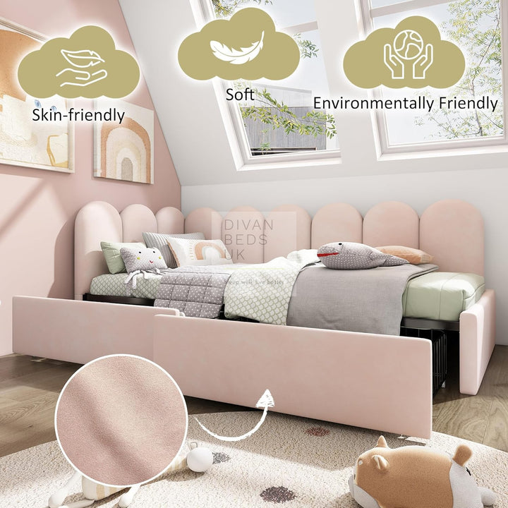 Novara Pink Plush Velvet 2 Drawer Corner 2 Seater Daybed Sofa Bed Couch