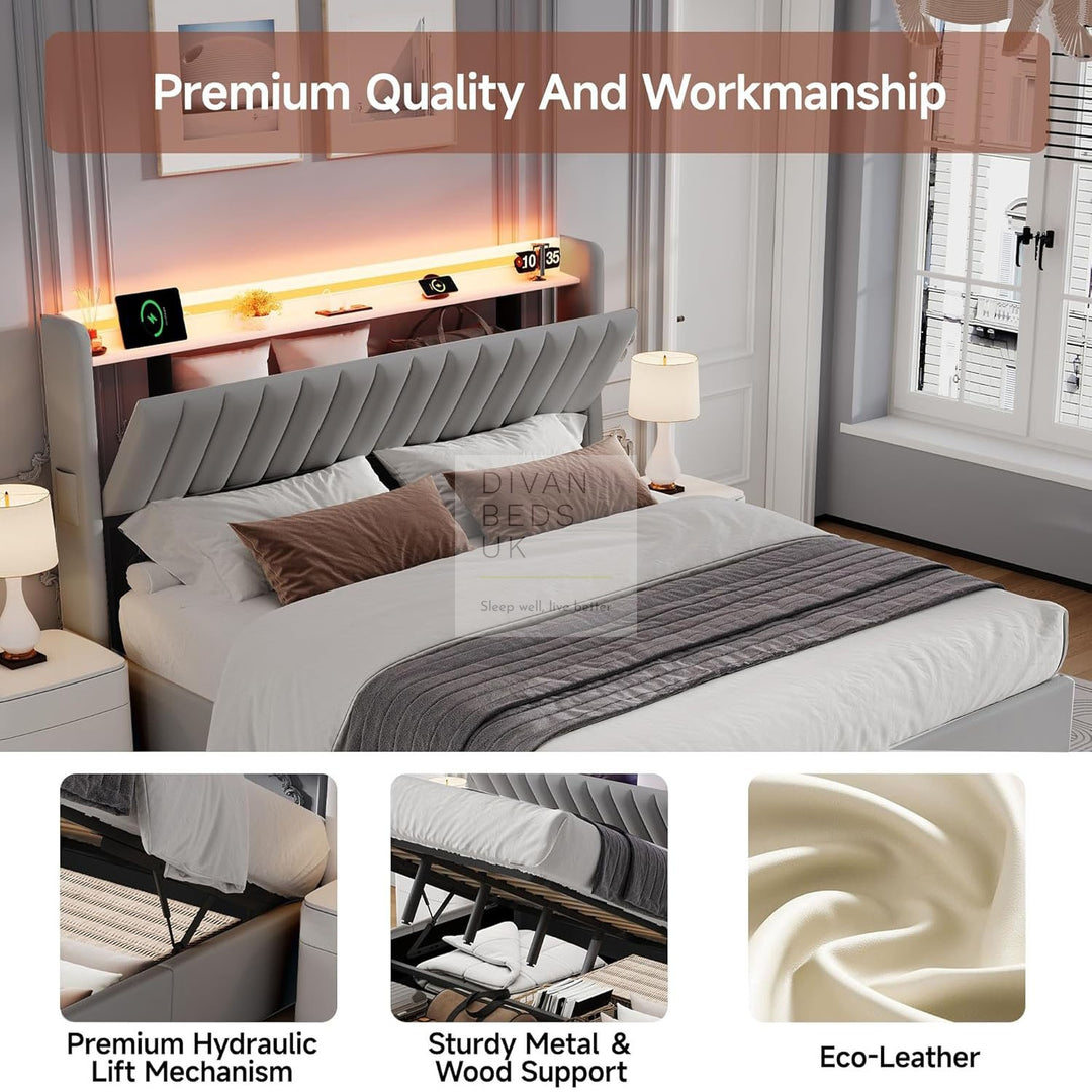 Mauricio Grey Leather Ottoman Smart Bed with LED Headboard Storage Charging Station, Socket, USB and Type C Port