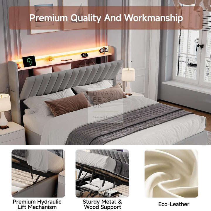 Mauricio Grey Leather Ottoman Smart Bed with LED Headboard Storage Charging Station, Socket, USB and Type C Port