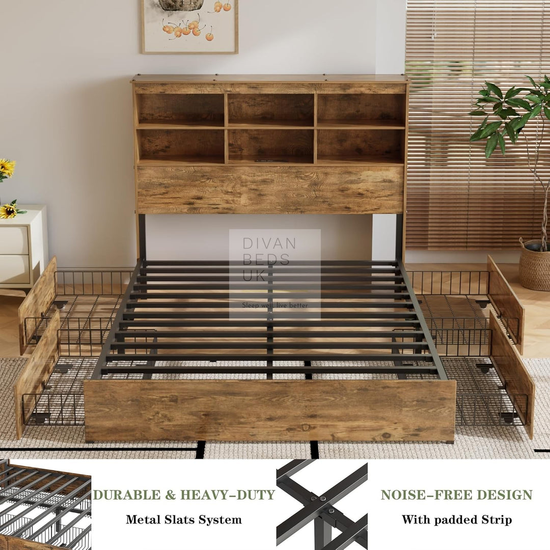 Aubriella Rustic Oak Style Wooden Smart Bed with 4 Drawers, Power Outlets and USB Ports & Shelves