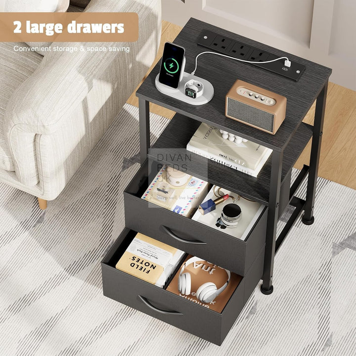 Henry 2 Drawer Black Wood and Metal Smart Bedside Table with Shelf