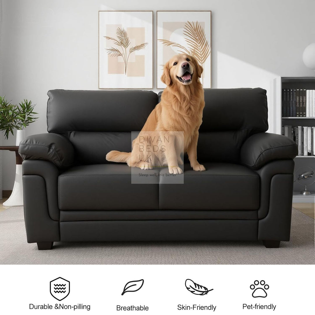Delgado Luxury Black Leather Sofa Couch Settee with Pocket Spring & Reflex Foam Support