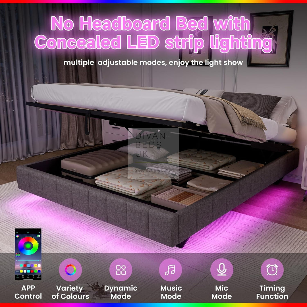 Carrillo Floating Style Smart LED Grey Linen Ottoman Gas Lift Storage Bed Base