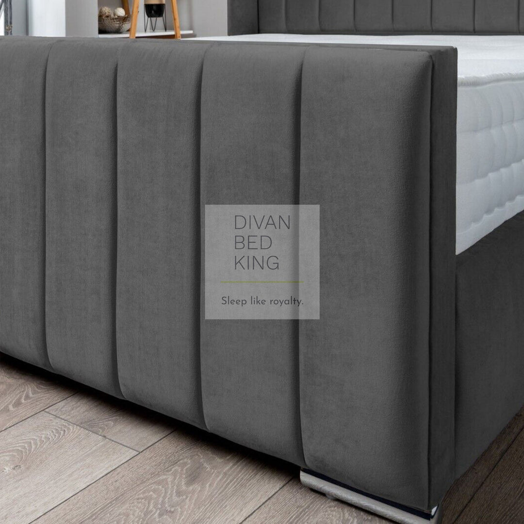 Leonilda Dark Grey Velvet Wingback Ottoman Storage Bed Frame