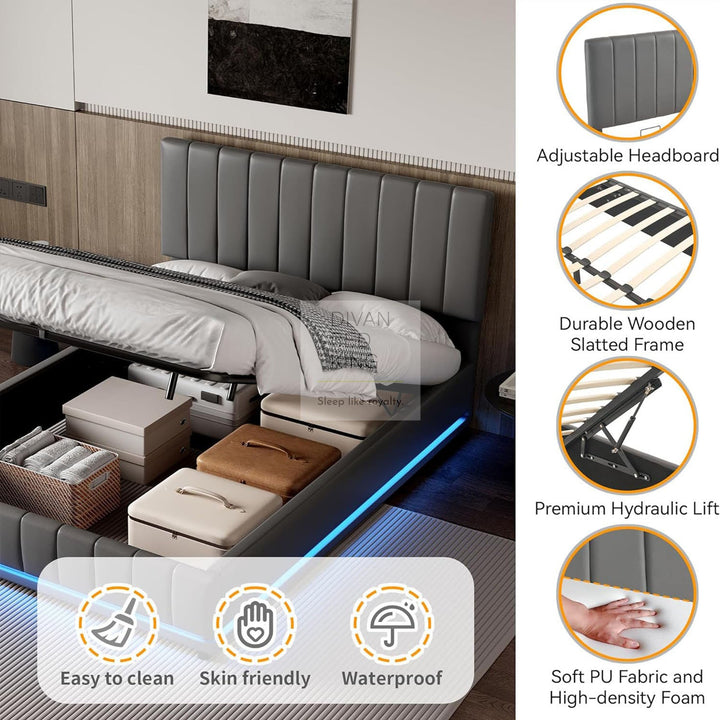 Giuliana Grey Leather LED Ottoman Storage Bed Frame