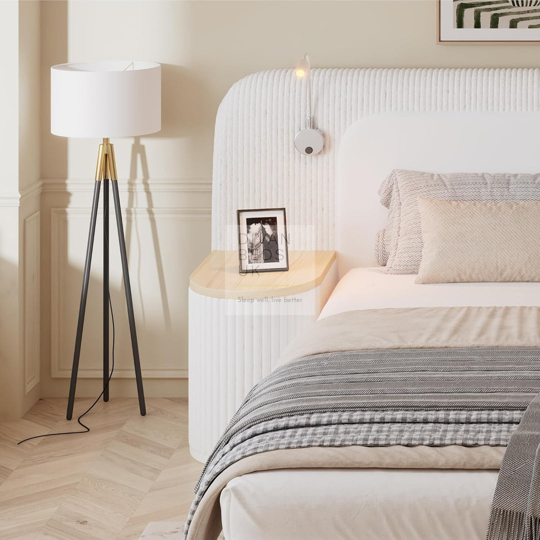Nuragas Oversized Headboard Beige Velvet Bed Frame with Integrated Lighting & 2 Bedside Tables
