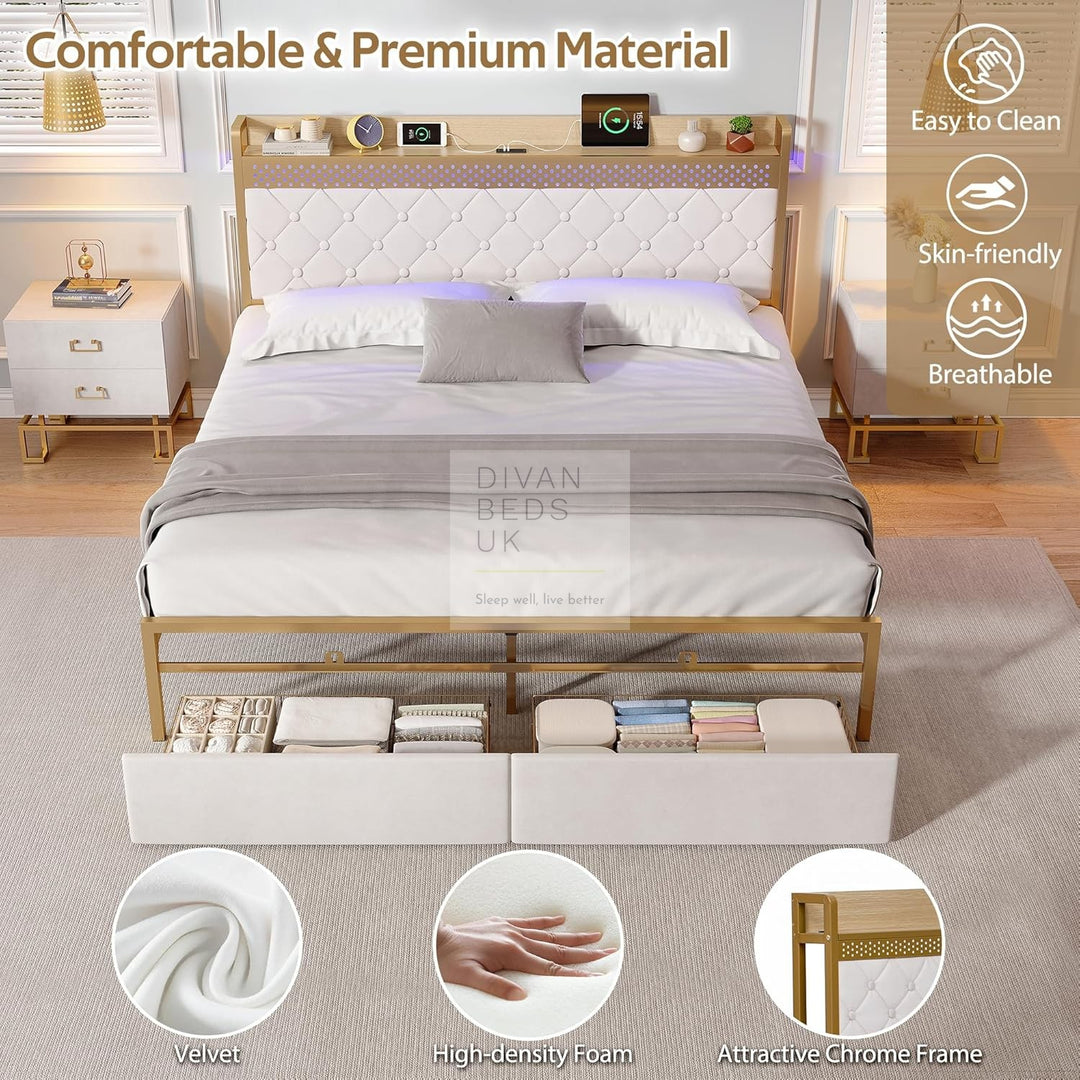 Arellano Winged Biege Velvet LED Metal Smart Bed with 2 Drawers USB, Type-C Charging Storage Headboard Shelf
