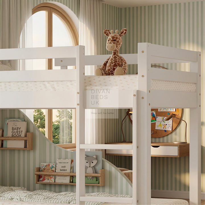 Jefferson White Wooden Bunk Bed Midsleeper with Slide and Adjustable Trundle