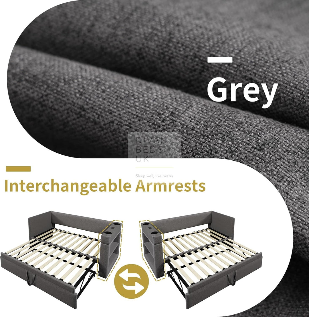 Laylani Grey Linen Smart Daybed Sofa Bed with Shelves Storage, USB & Type C Charging Station & Trundle