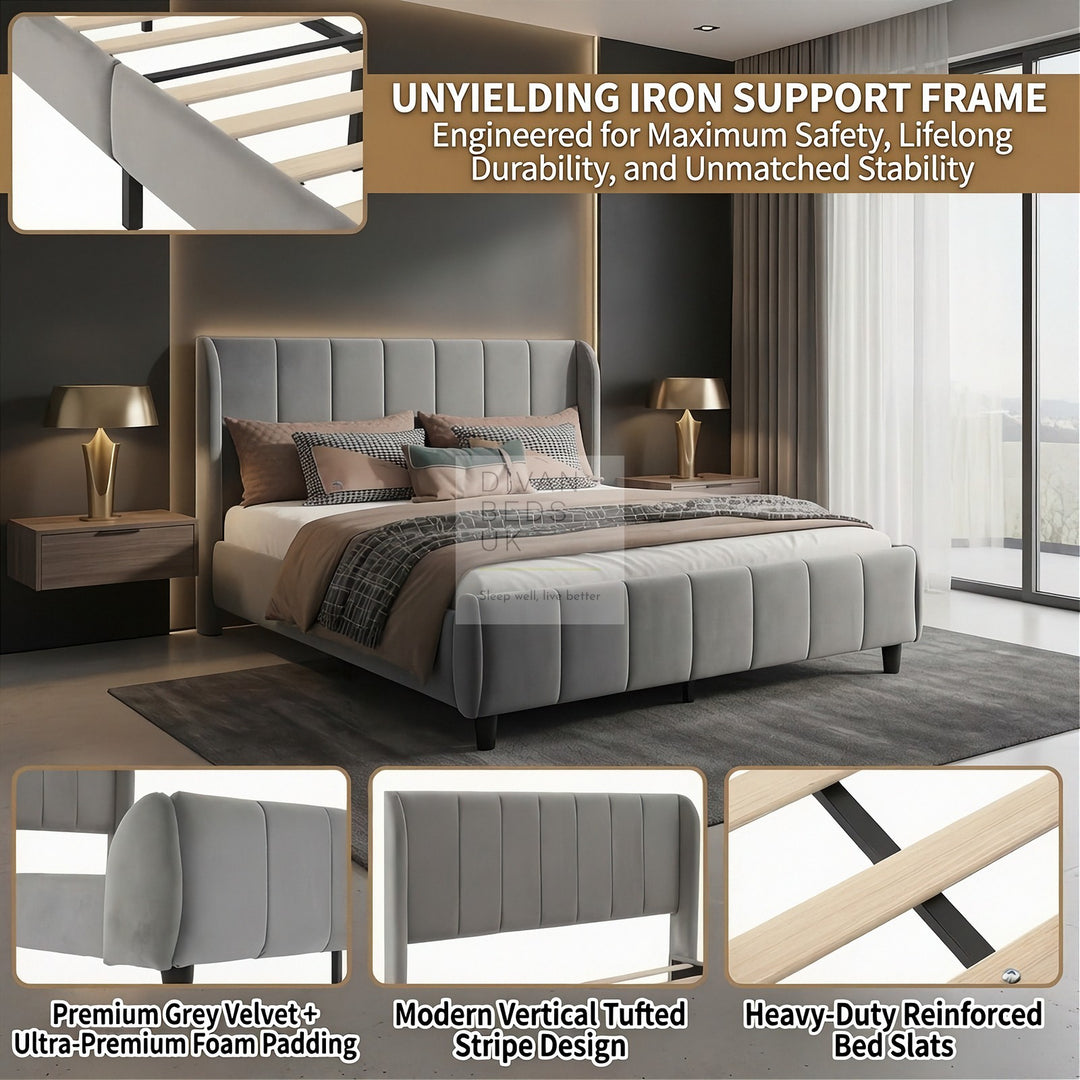 Benicio Grey Velvet Luxury Wingback Curved Upholstered Bed Frame
