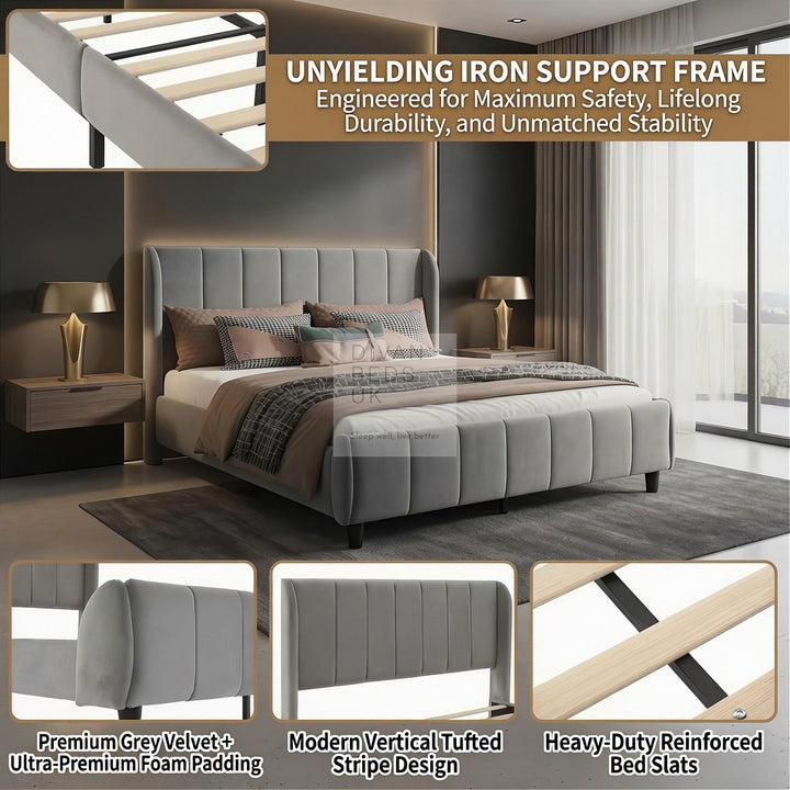Benicio Grey Velvet Luxury Wingback Curved Upholstered Bed Frame