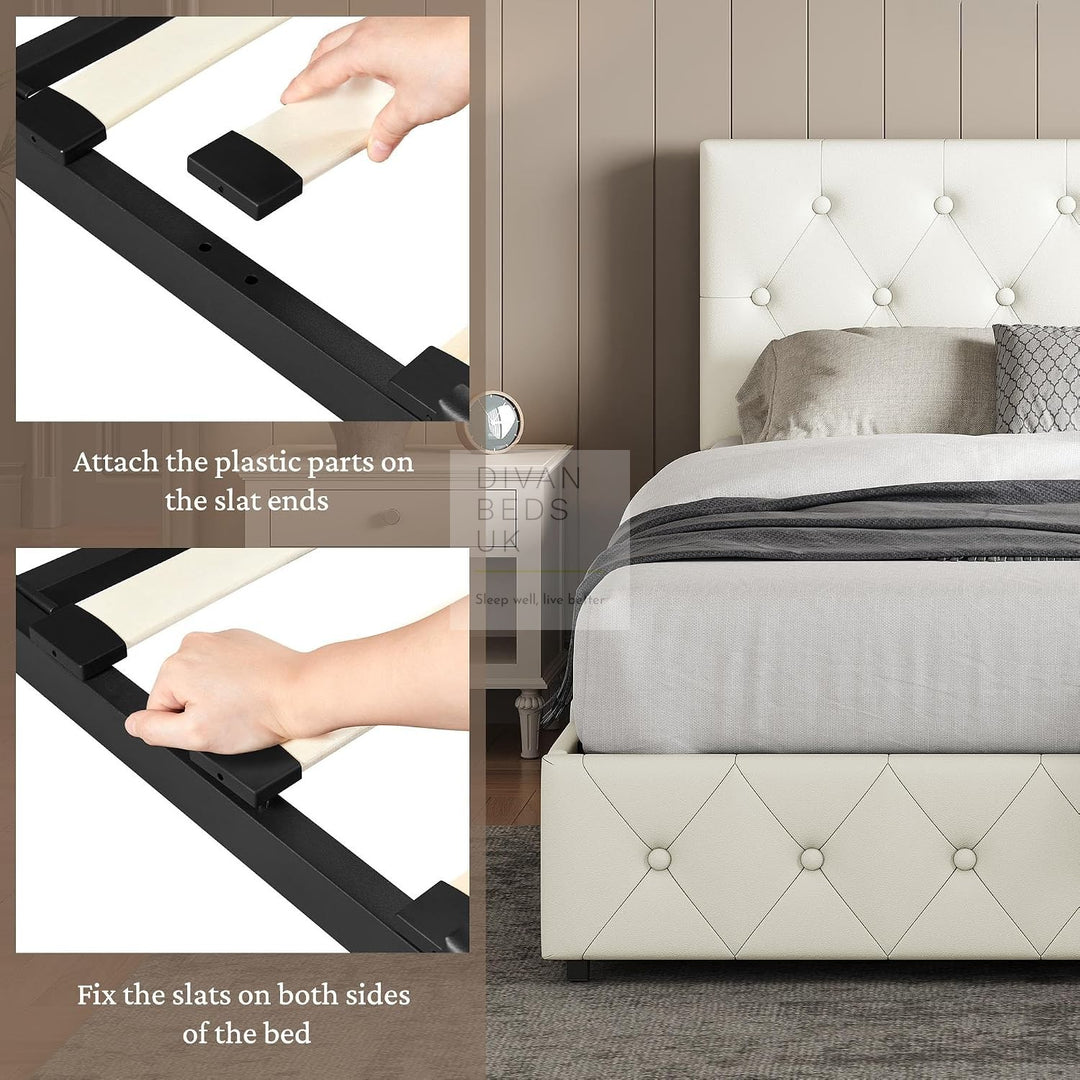 Emma Cream Leather 2 Drawer Buttoned Bed Frame