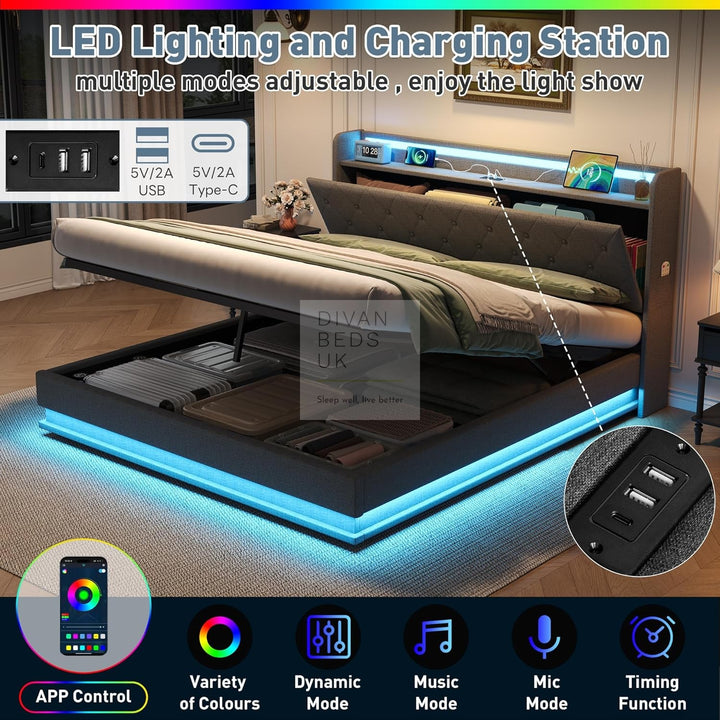 Castello Grey Linen Ottoman Storage Bed with LED Lights, Type C and USB Charging Headboard Storage Shelf