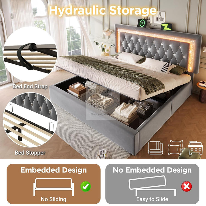 Adela Grey Velvet Diamante Crystal Bed Ottoman Storage Smart Bed with Glitter LED Lights, USB and Type-C Charging