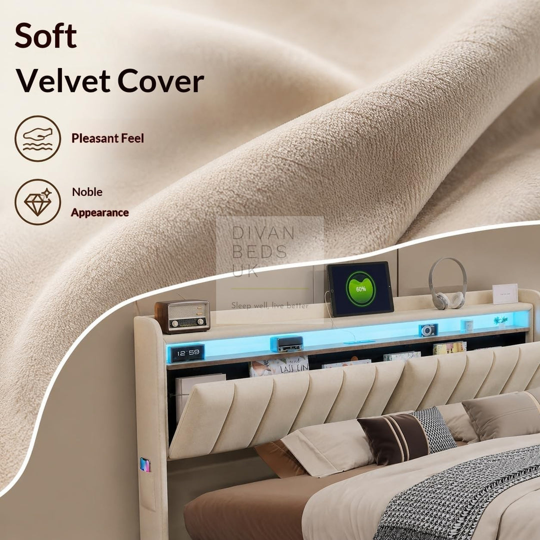 Kairi LED Beige Velvet Ottoman Storage Smart Bed with USB Type C Charging Station on Headboard Storage Shelf