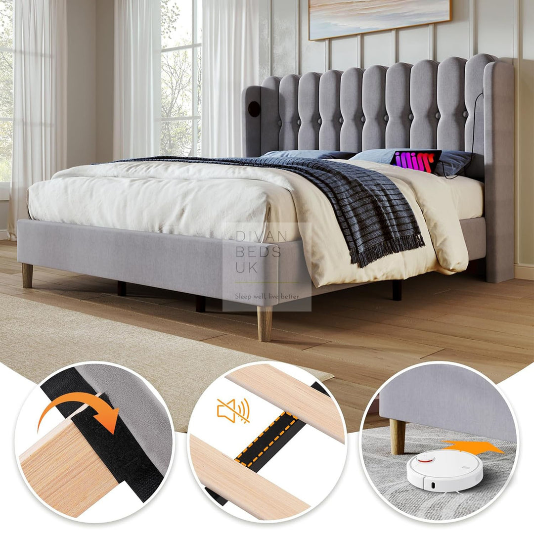 Calabria Wingback Grey Linen Smart Bed with USB & Type-C Charging Stations on Both Sides