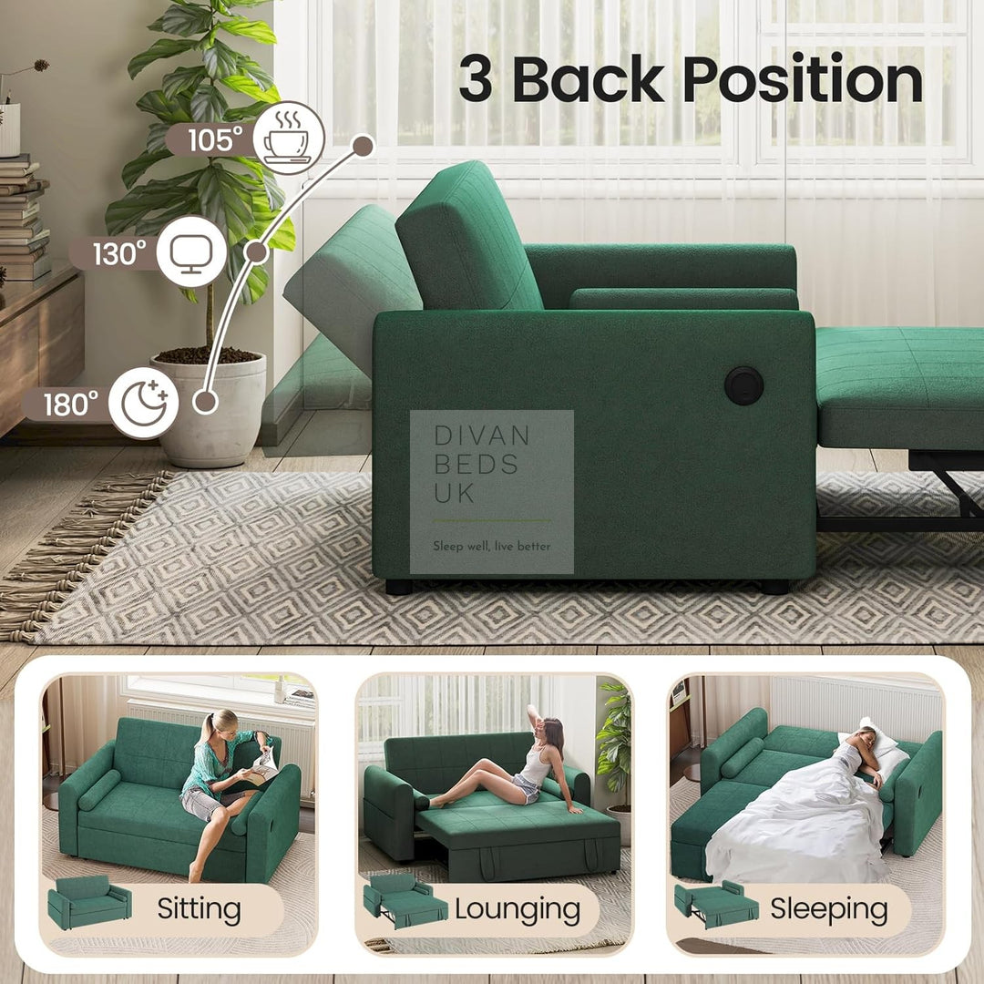 Kimora Green Linen Smart Daybed Sofa Bed with USB & Type C Charging and Matching Pillows