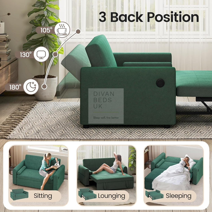Kimora Green Linen Smart Daybed Sofa Bed with USB & Type C Charging and Matching Pillows
