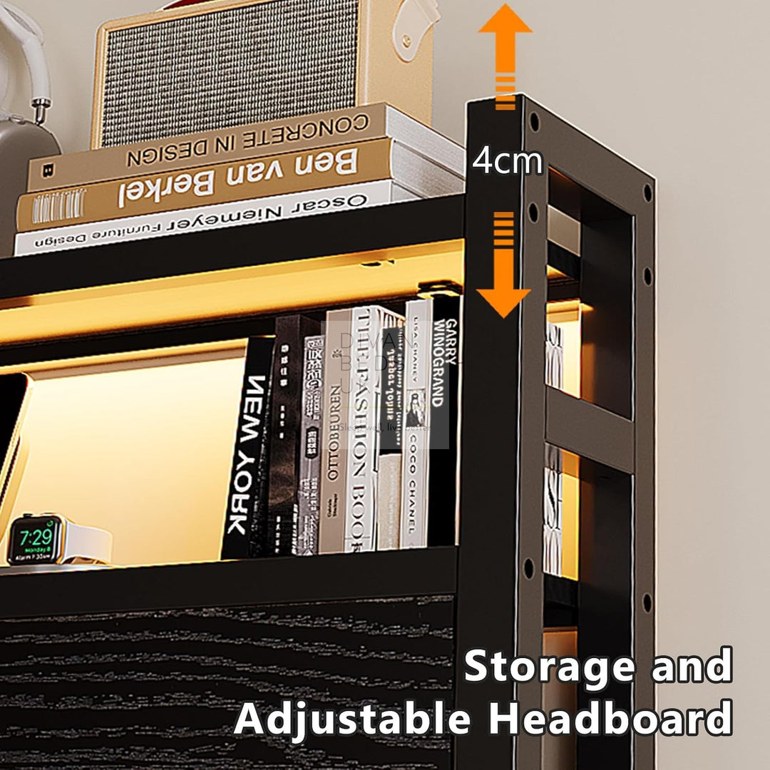 Henry Metal Wooden Hybrid Black Bed with 4 Drawers with Headboard, LED Reading Lights, Sockets, USB, Type C Charging