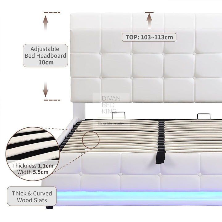 Alessio White Leather LED Ottoman Storage Bed with Adjustable Headboard