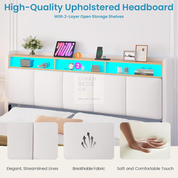 Houston Smart Metal Floating Bed with White Linen Padded Storage Headboard, LED Lights, Plug Sockets, USB &amp; Type C Charging Station