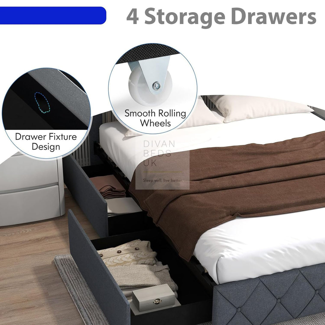 Cynthia 4 Drawer Charcoal Linen Smart Bed with Storage Headboard, LED Lights & USB Charging