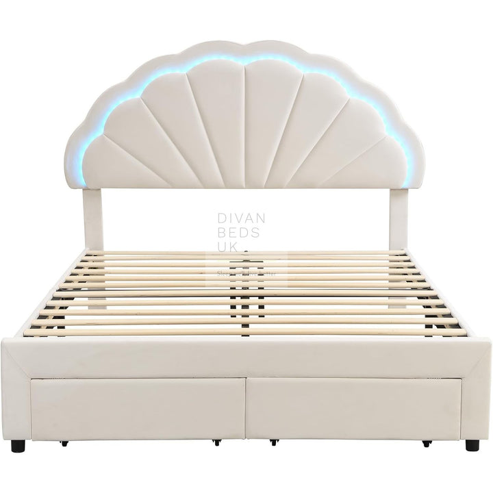 Blossom Beige Off White Velvet LED Bed with End Drawer Storage