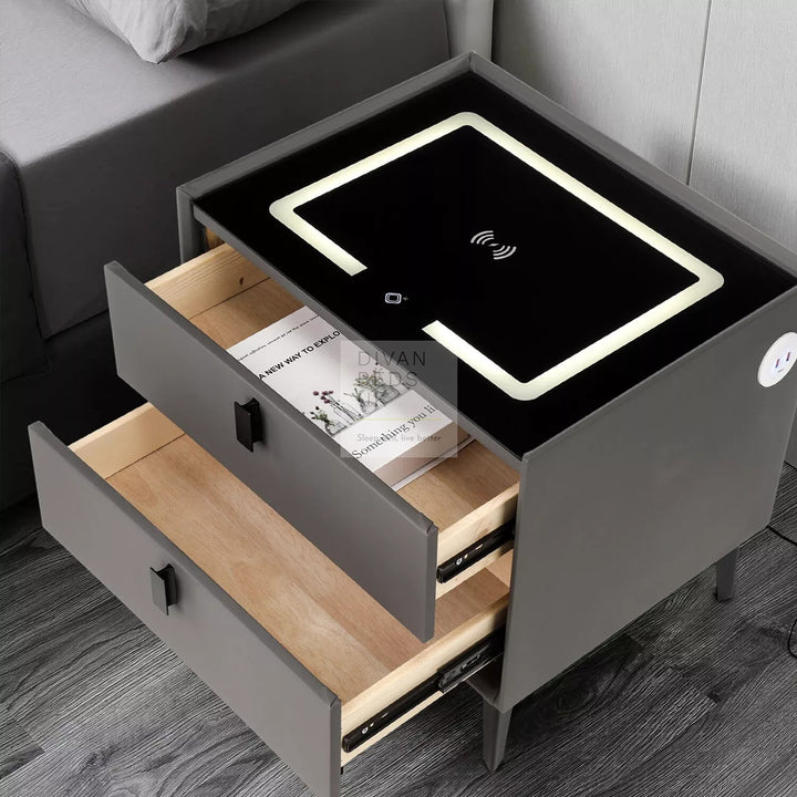 Elara Grey 2 Drawer Smart LED Bedside Table with USB, Type C and Wireless Charging