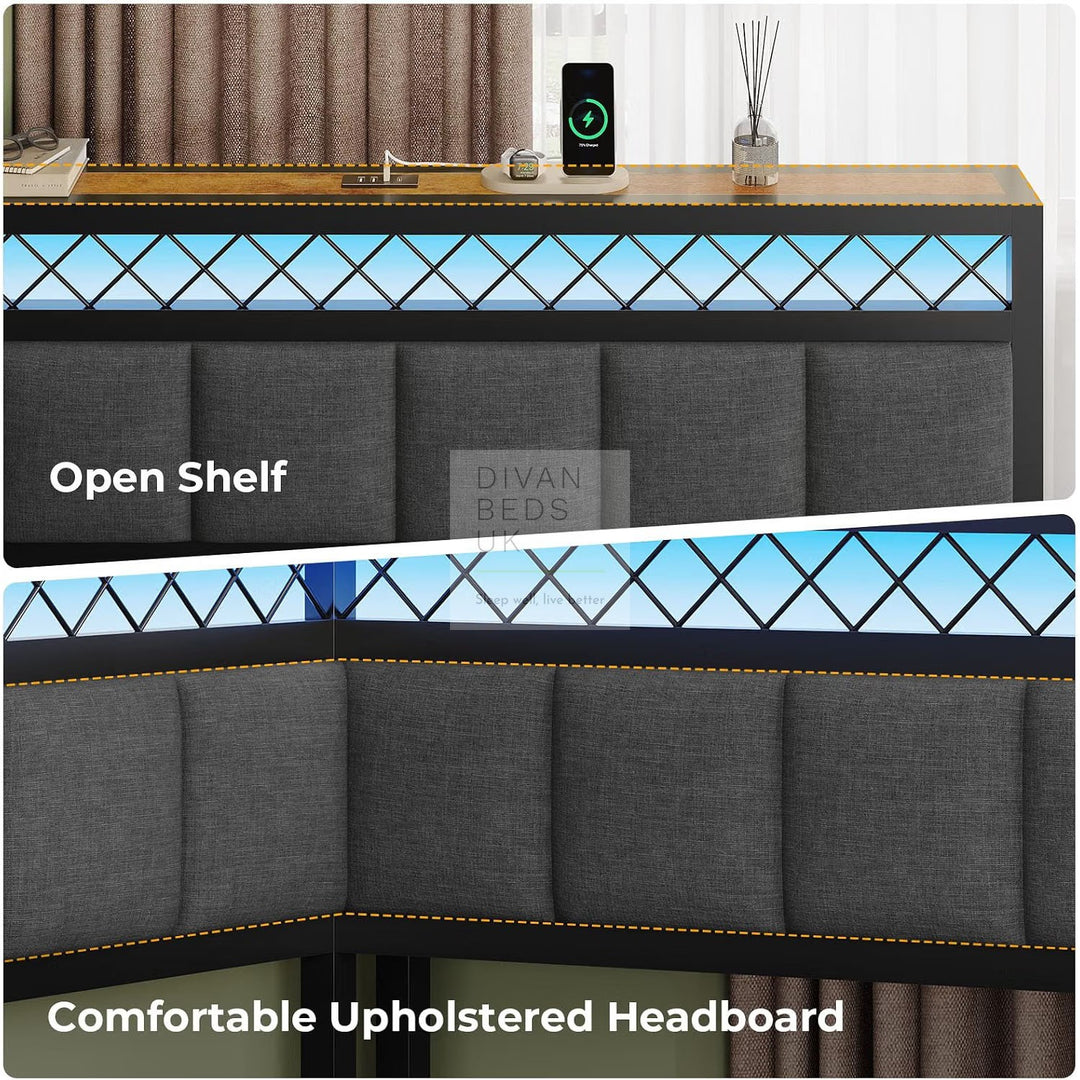 Giomani Grey Linen 2 Drawer Low Smart Sofa Bed Daybed with LED Lights, USB &amp; Type C Charging Station