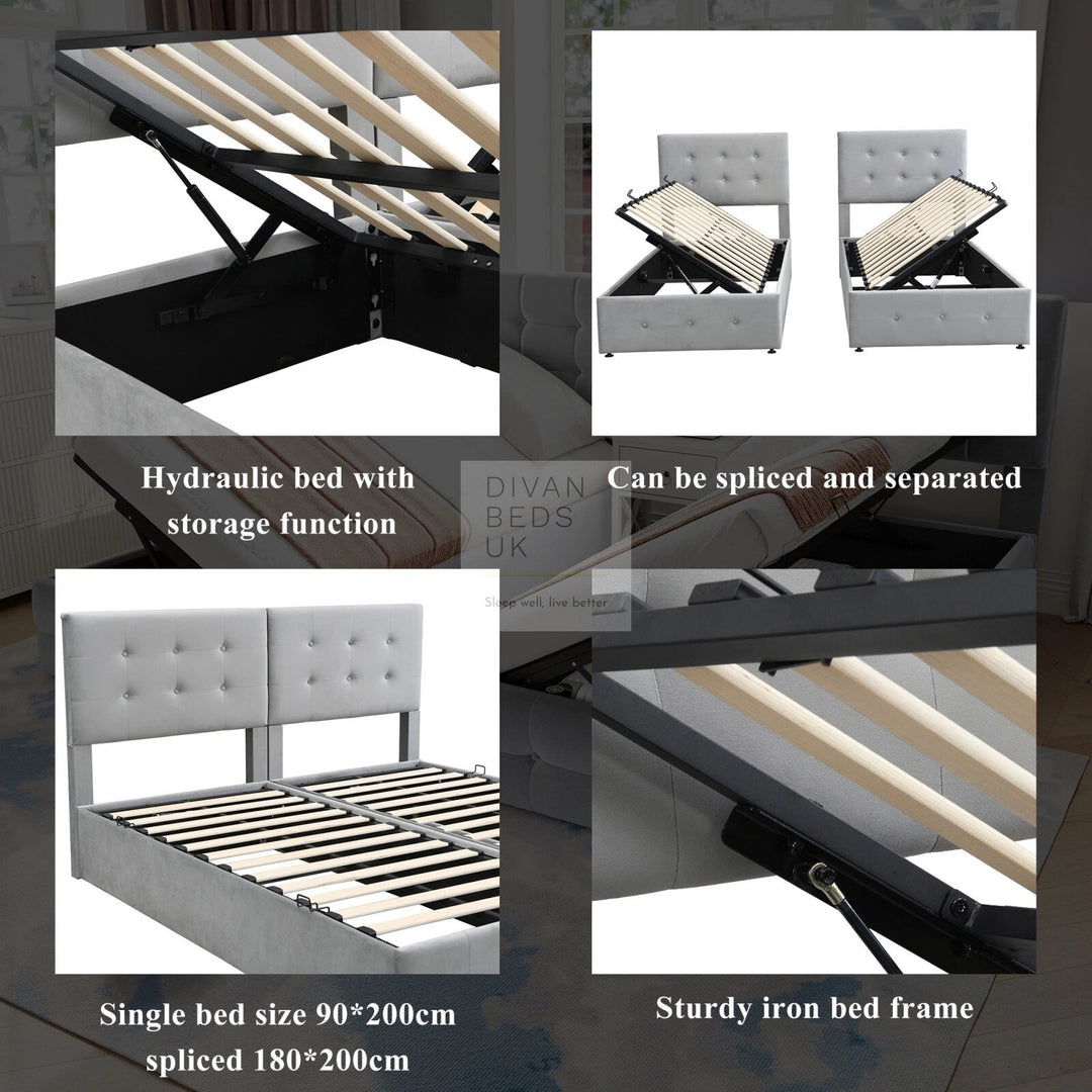 Contessa 2-in-1 Split & Link Side Lift Grey Velvet Ottoman Bed