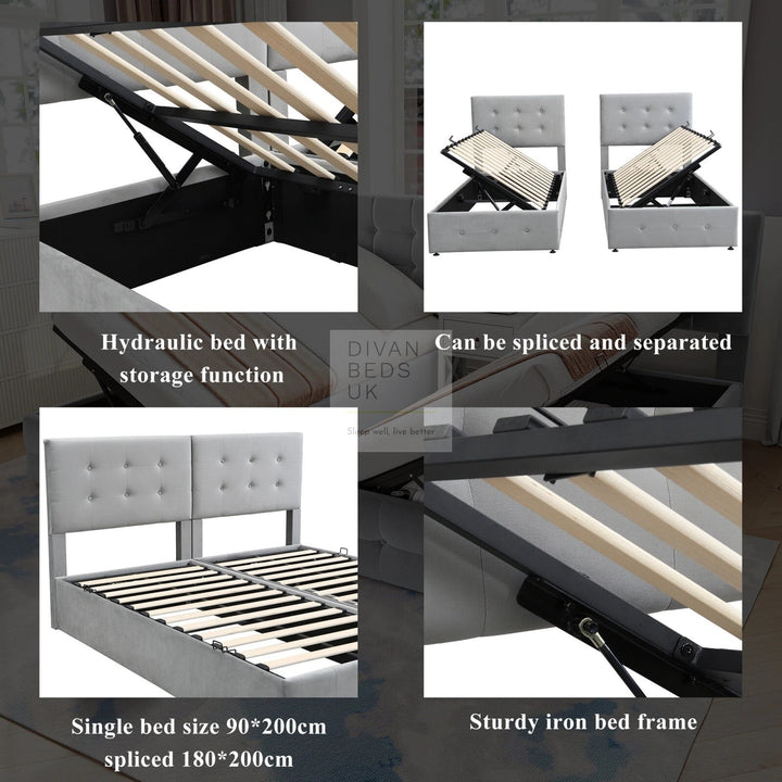 Contessa 2-in-1 Split & Link Side Lift Grey Velvet Ottoman Bed