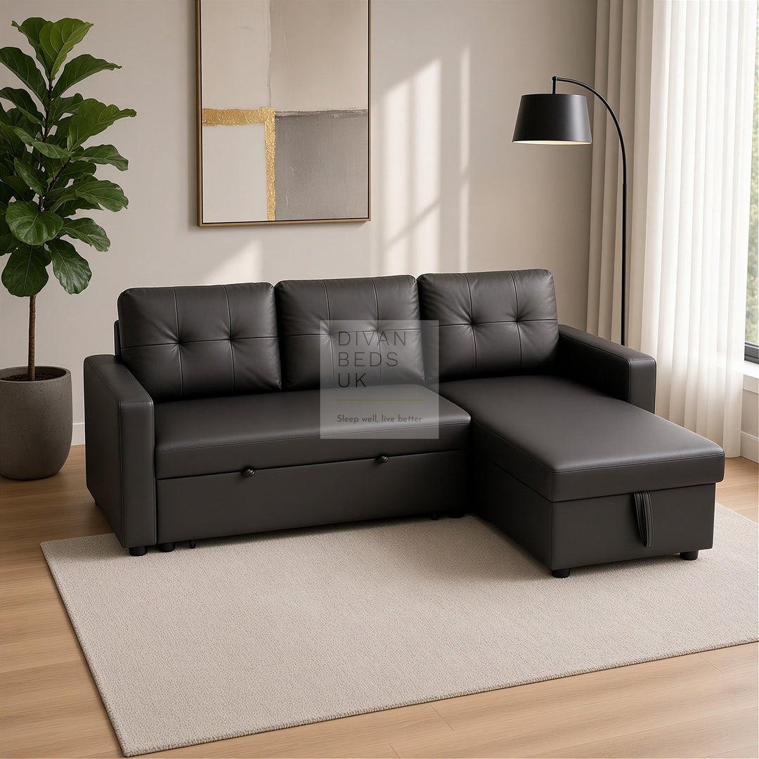 Sarai Black Leather 4 Seater Ottoman Storage Corner L Shape Sofa Bed with Pull-Out Trundle