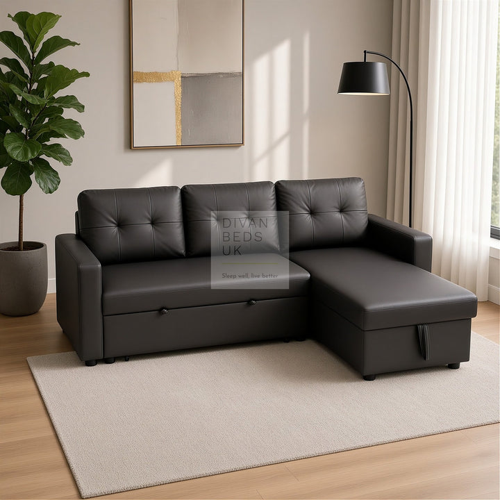 Sarai Black Leather 4 Seater Ottoman Storage Corner L Shape Sofa Bed with Pull-Out Trundle