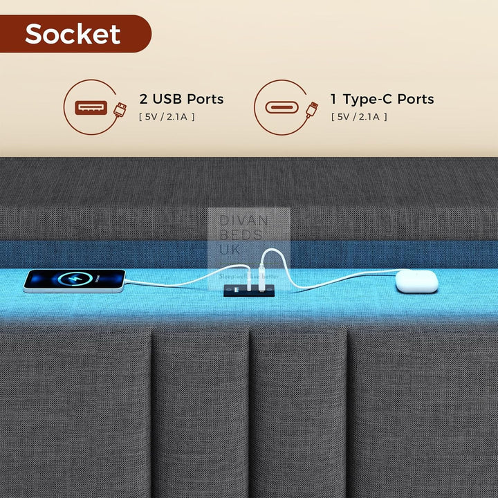 Everleigh Grey Linen Floating Bed Frame with Padded Storage Wing Headboard, LED Lights, USB & Type-C Charging Station