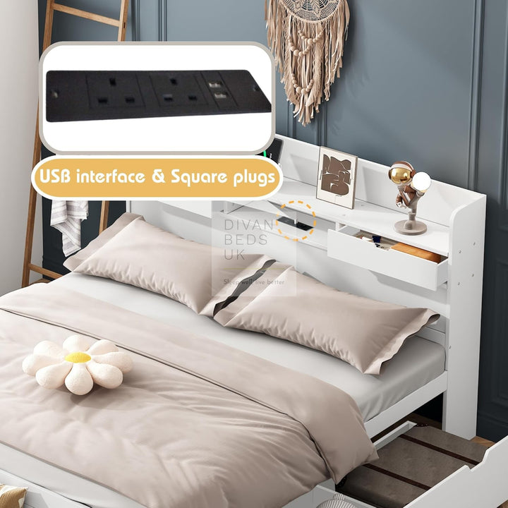 Castaneda White Wooden Smart Bed with 4 Drawers, Power Outlets and USB Ports & Shelves