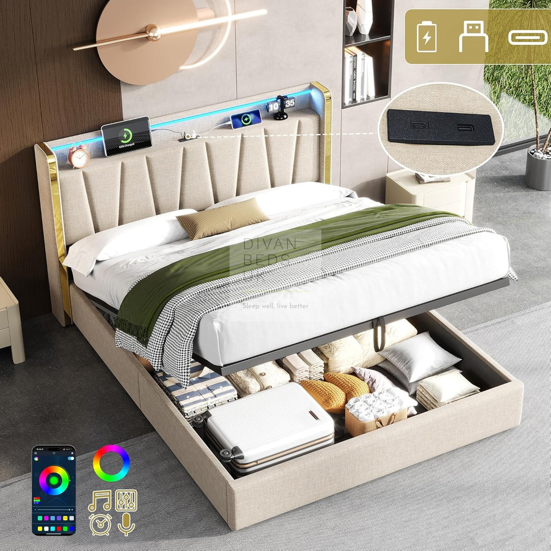 Florence Beige Linen Smart Ottoman Bed with LED Gold Headboard Shelf, Type C and USB Charging Station