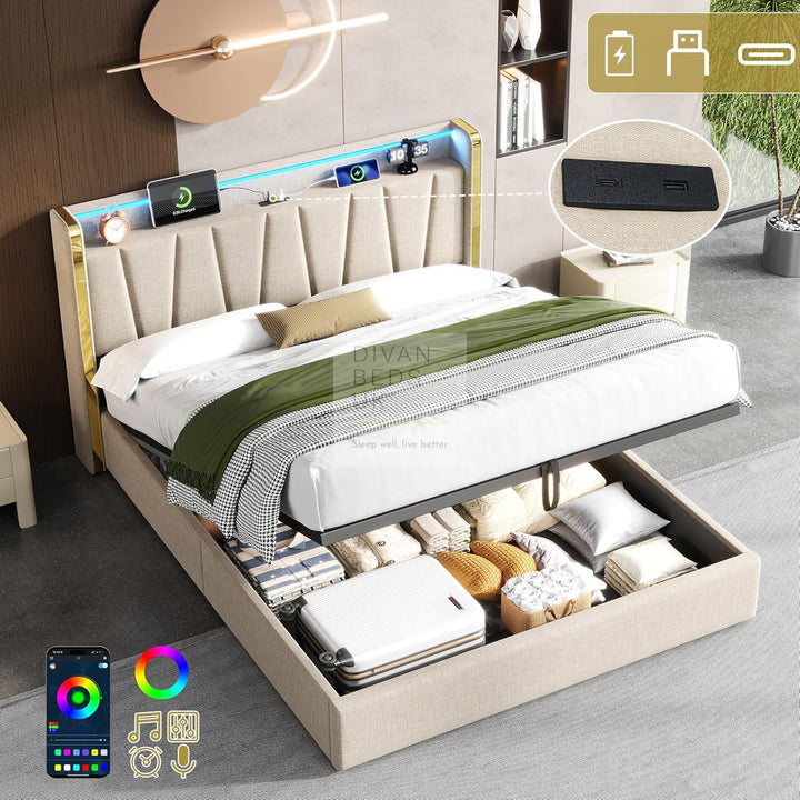 Florence Beige Linen Smart Ottoman Bed with LED Gold Headboard Shelf, Type C and USB Charging Station