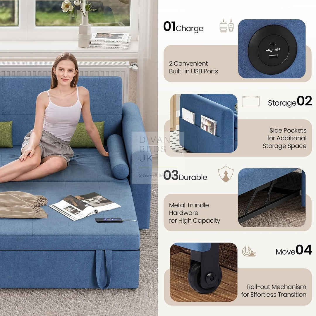 Kimora Blue Linen Smart Daybed Sofa Bed with USB & Type C Charging and Matching Pillows