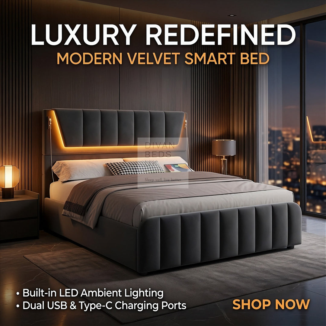 Kamari Ottoman Storage Grey Plush Velvet Smart Bed with with LED Lights, USB and Type-C Charging