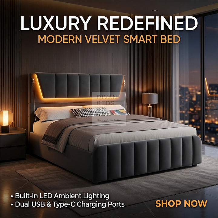 Kamari Ottoman Storage Grey Plush Velvet Smart Bed with with LED Lights, USB and Type-C Charging