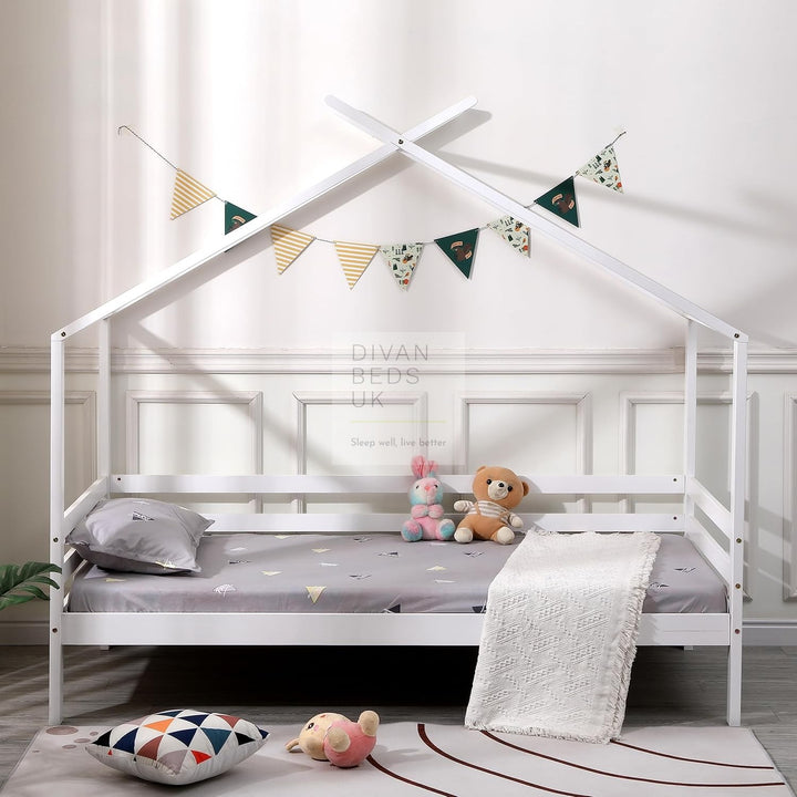 Cabrera White Wooden Treehouse Canopy Bed with Trundle Option Childs Kids