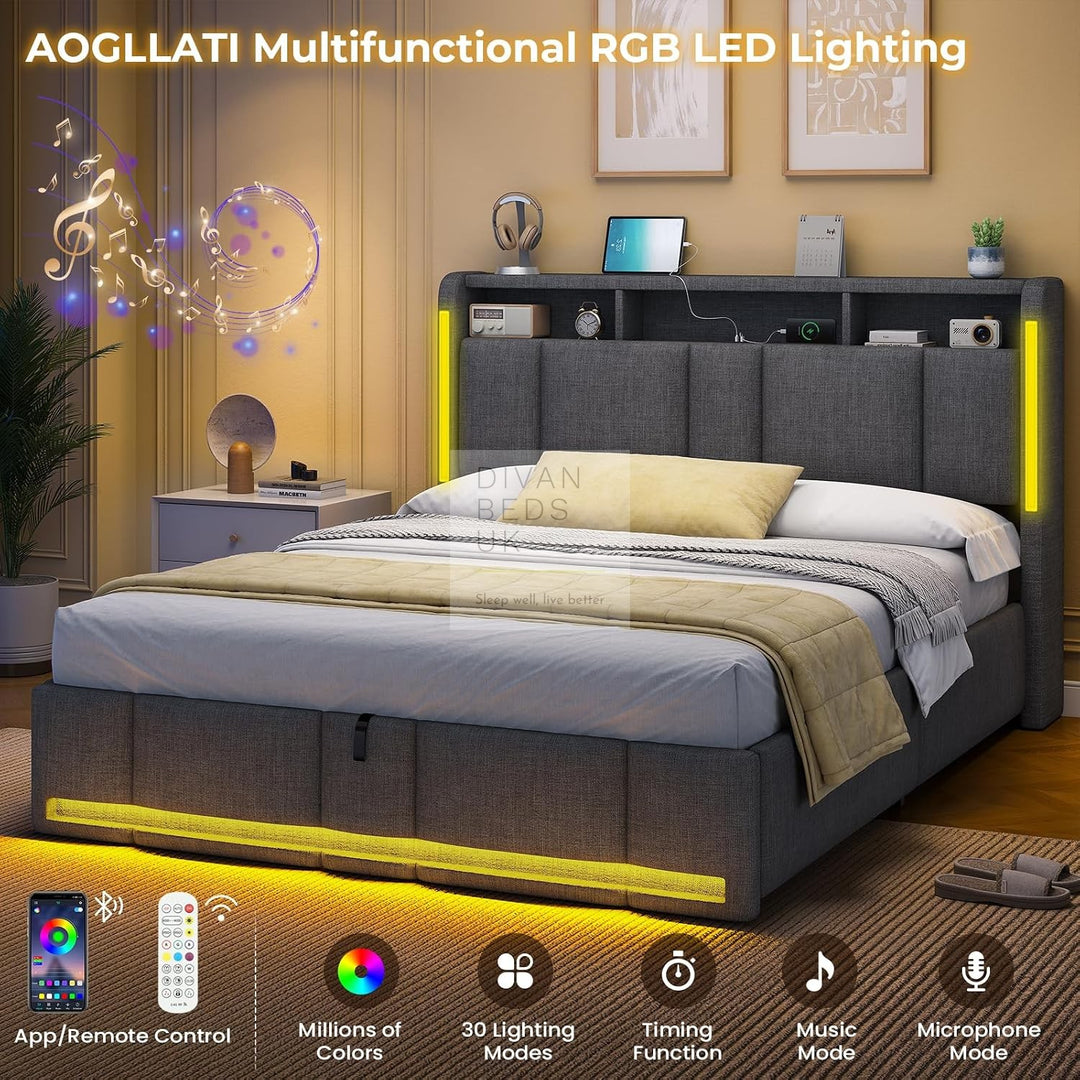 Castellano Grey Linen Ottoman Storage Bed with LED Lights, Type C and USB Charging Headboard Storage Shelf