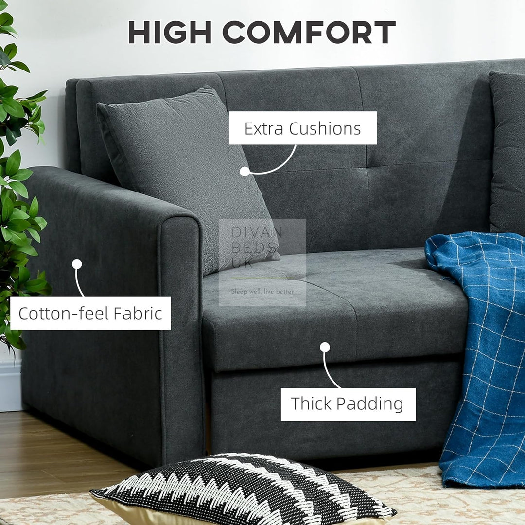 Adamaris 3 in 1 Black Cotton Sofa Bed 2 or 3 Seater with Storage