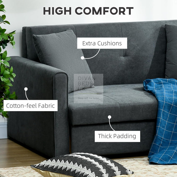 Adamaris 3 in 1 Black Cotton Sofa Bed 2 or 3 Seater with Storage