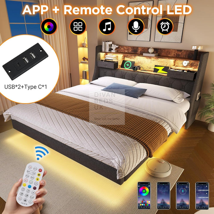 Burton Smart Metal Floating Linen Bed Frame with Grey Padded Storage Headboard, LED Lights, USB, Type C Charging Station